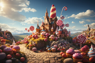 illustration of candy world with sweets around and sky on background