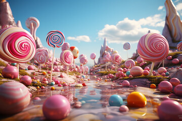 illustration of candy world with sweets around and sky on background