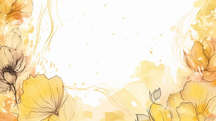 Floral line art and yellow pastel watercolor background abstract