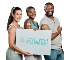 Group of people, vaccine poster and portrait for healthcare support, clinic and social media hashtag. Happy friends with board sign for virus and covid safety isolated on PNG, transparent background