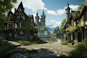 Illustration of medieval European little town or village in computer game - obrazy, fototapety, plakaty