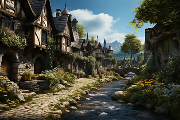 Illustration of medieval European little town or village next to river in computer game