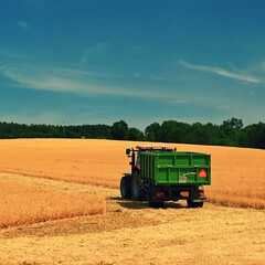 Tractor and combine harvester in the field during grain harvest. End of summer and harvest time. Concept for agriculture and industry. Landscape with field and blue sky with sun.