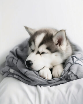 Cute husky puppy in its sleeping bed. Generative AI