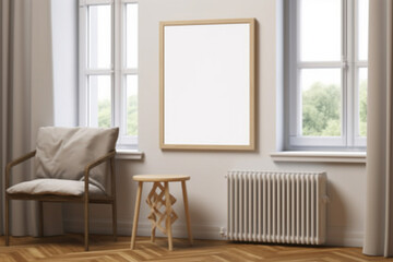 Frame mockup in contemporary minimalist beige room interior, 3d