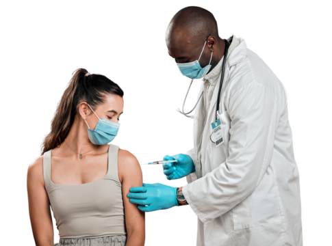 Doctor, patient and face mask, covid and vaccine with healthcare isolated on png transparent background. Injection, needle and safety from corona virus with man and woman at clinic with health