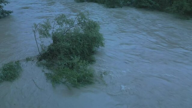 High river level during the flood in August 2023 close to Bohinjska Bistrica on the river Lava Bohinjska, it was the biggest flood in Slovenia since decades.