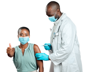 Woman, doctor and vaccine with thumbs up for healthcare, virus safety and compliance, support or like. African people, medical portrait and needle and face mask isolated on png transparent background