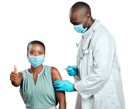 Woman, doctor and vaccine with thumbs up for healthcare, virus safety and compliance, support or like. African people, medical portrait and needle and face mask isolated on png transparent background