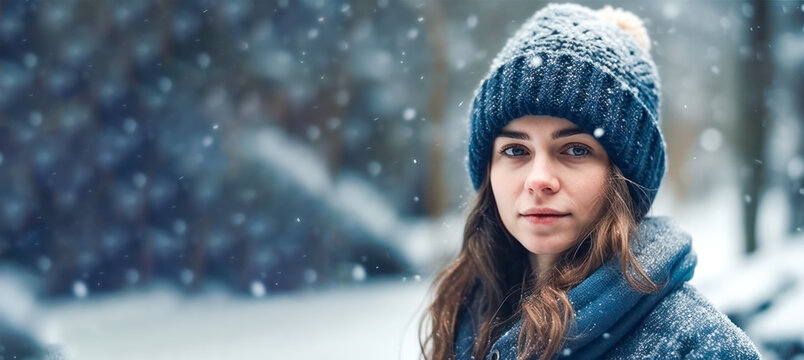 Portrait of a young, beautiful woman in winter clothes, standing strong amidst heavy snowfall.