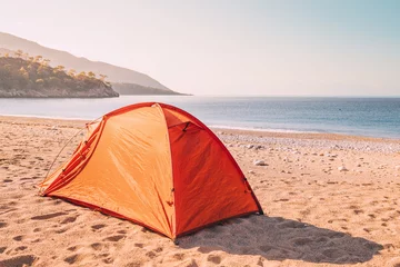 Photo sur Plexiglas Plage de Camps Bay, Le Cap, Afrique du Sud Serenity awaits along the Lycian Way as a camping tent finds its place on a picturesque beach, promising an escape into coastal bliss.