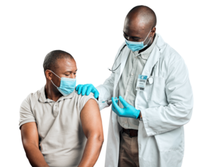 African doctor, patient man and vaccine for covid with needle, health or face mask by transparent png background. Medic, syringe and booster for immune system, flu or pharma drugs at clinic in Kenya