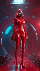 futuristic woman soldier in a red suit, futuristic world, generative AI illustration, these depiction is fictitious and generated, science fiction scenery