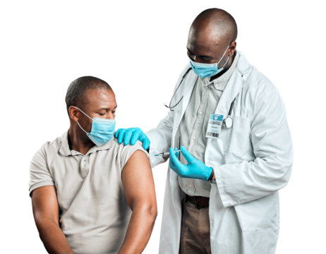 African doctor, patient man and vaccine for covid with needle, health or face mask by transparent png background. Medic, syringe and booster for immune system, flu or pharma drugs at clinic in Kenya