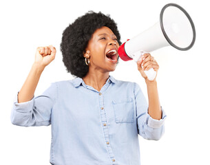 Megaphone announcement, shout or black woman with protest, human rights or equality isolated on...