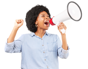 Megaphone announcement, shout or black woman with protest, human rights or equality isolated on transparent background. Voice, protester or model with a bullhorn, speech or democracy vote with png