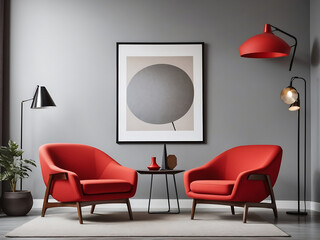 Yellow, red, pink, sky armchairs and big mock up poster frame on the gray wall. Mid-century interior design of modern living room, AI Generate