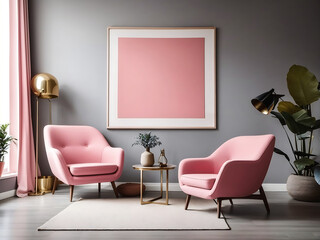 Yellow, red, pink, sky armchairs and big mock up poster frame on the gray wall. Mid-century interior design of modern living room, AI Generate