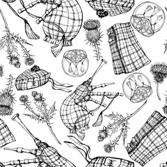Ink hand drawn graphic vector sketch. Seamless pattern with scottish symbol objects. Traditional menswear, tartan kilt beret sporran pouch bagpipes. Design for wallpaper, print, paper, textile, fabric