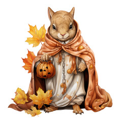 Watercolor Cute Autumn Squirrel in Fall Season (AI Generated)