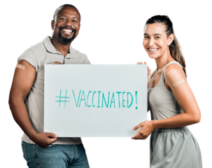 Black man, woman and vaccine promotion poster, portrait and covid healthcare isolated on png transparent background. Couple with billboard sign, safety from corona with advertising and health