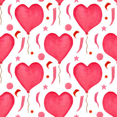 Watercolor pattern, heart shape balloons, confetti on a white background. For various products, birthday wrapping, etc.