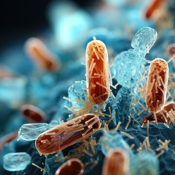 Bacteria cells close-up under a microscope. Enlarged bacterial rods. Generative AI