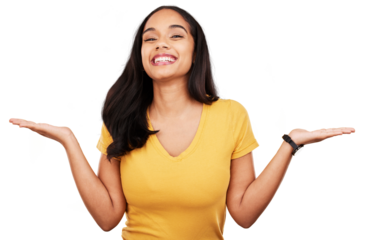Happy woman, portrait and palm for choice, announcement or deal isolated on a transparent PNG background. Female person or model smile with hands out in promotion, advertising or retail sale discount
