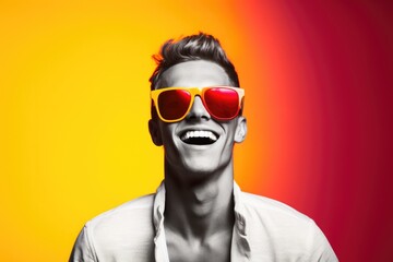 Portrait of a young smiling party guy in fashionable glasses, on a bright background in the studio,...
