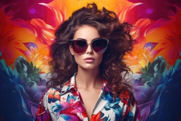 Close-up of fashion Hispanic model beautiful girl in stylish sunglasses on a colorful bright background in the colors of the club, she is going on vacation