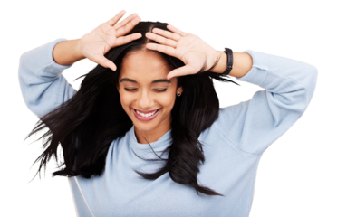 Happy, wind and woman dance with hands with smile, gen z style and freedom. Hair blowing, female person and excited girl with open palms with casual fashion isolated on a transparent, png background