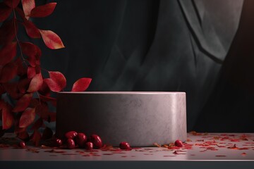 Gray stone podium decorated with red autumn leaves. Background for perfumery, jewelry and cosmetic products. generative ai