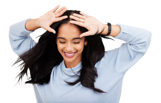 Happy, wind and woman dance with hands with smile, gen z style and freedom. Hair blowing, female person and excited girl with open palms with casual fashion isolated on a transparent, png background
