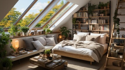 New eco cozy apartment designed in Scandinavian style. The interior uses handmade elements, trendy colors, trendy textiles, large windows and a cozy atmosphere.