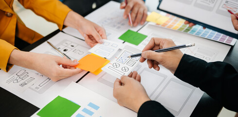  UX developer and ui designer brainstorming about mobile app interface wireframe design with...