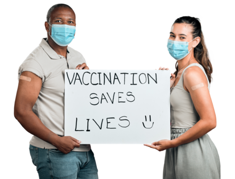 Man, woman and poster for vaccine, covid or isolated for healthcare promotion by transparent png background. People, ppe face mask and protest for pharma drugs, wellness or save lives with paper sign - Powered by Adobe