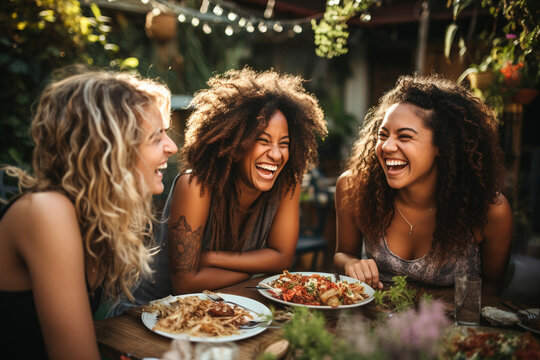 Young women dining and having fun eating toghether at restaurant - Multiracial happy young people laughing enjoying meal having fun sitting together at restaurant table  Generative AI.