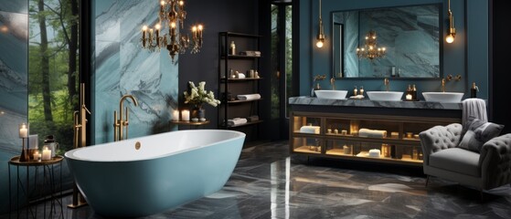 A luxurious bathroom with marble accents and sleek modern design. The room features a freestanding bathtub and a glass-enclosed shower. The walls are painted blue color, with metallic