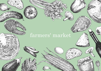 Farmers' Market. Hand-drawn illustration of Food. Ink. Vector