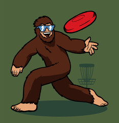 Bigfoot disc golf isolated. Sasquach throwing disc.