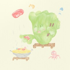 Hand painted thai food , party shabu and vegetable,  watercolor, illustration, cartoon, children,background