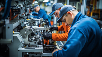 Workers in Protective Gear Operating Machines in a Factory 