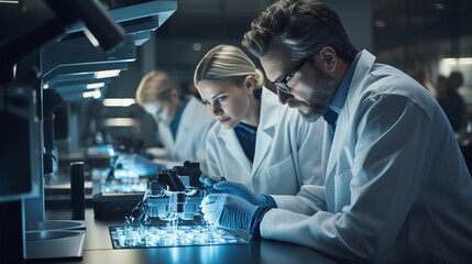 Metallurgists Examining the Microstructure of Metals Under Microscopes 