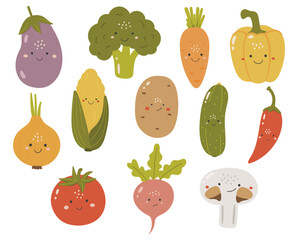 Cute vegetables vector set, Vegetables with face, Happy vegetables vector set, Summer vegetables with eyes, Kids funny illustration