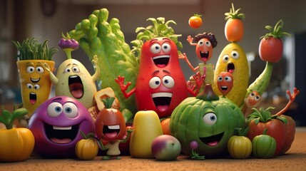 Obraz premium Cartoon character group of vegetables and fruits