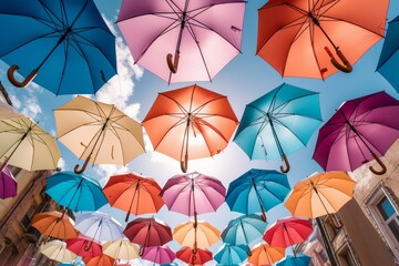 Fototapeta na wymiar Colorful umbrellas sky. Generate Ai