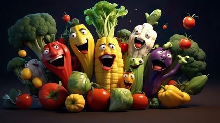 Cartoon character group of vegetables and fruits