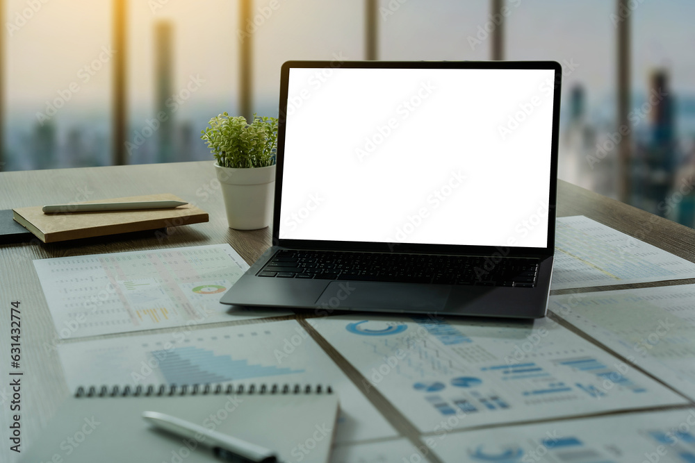 Wall mural mock up using laptop with blank screen computer modern