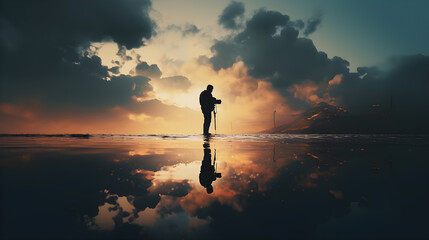 Silhouette of the photographer with camera in the reflection on the water of the beautiful sunset sky landscape background. Generative AI - obrazy, fototapety, plakaty