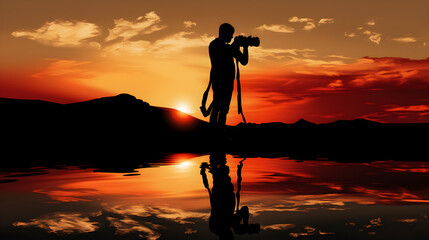 Silhouette of the photographer with camera in the reflection on the water of the beautiful sunset sky landscape background. Generative AI - obrazy, fototapety, plakaty